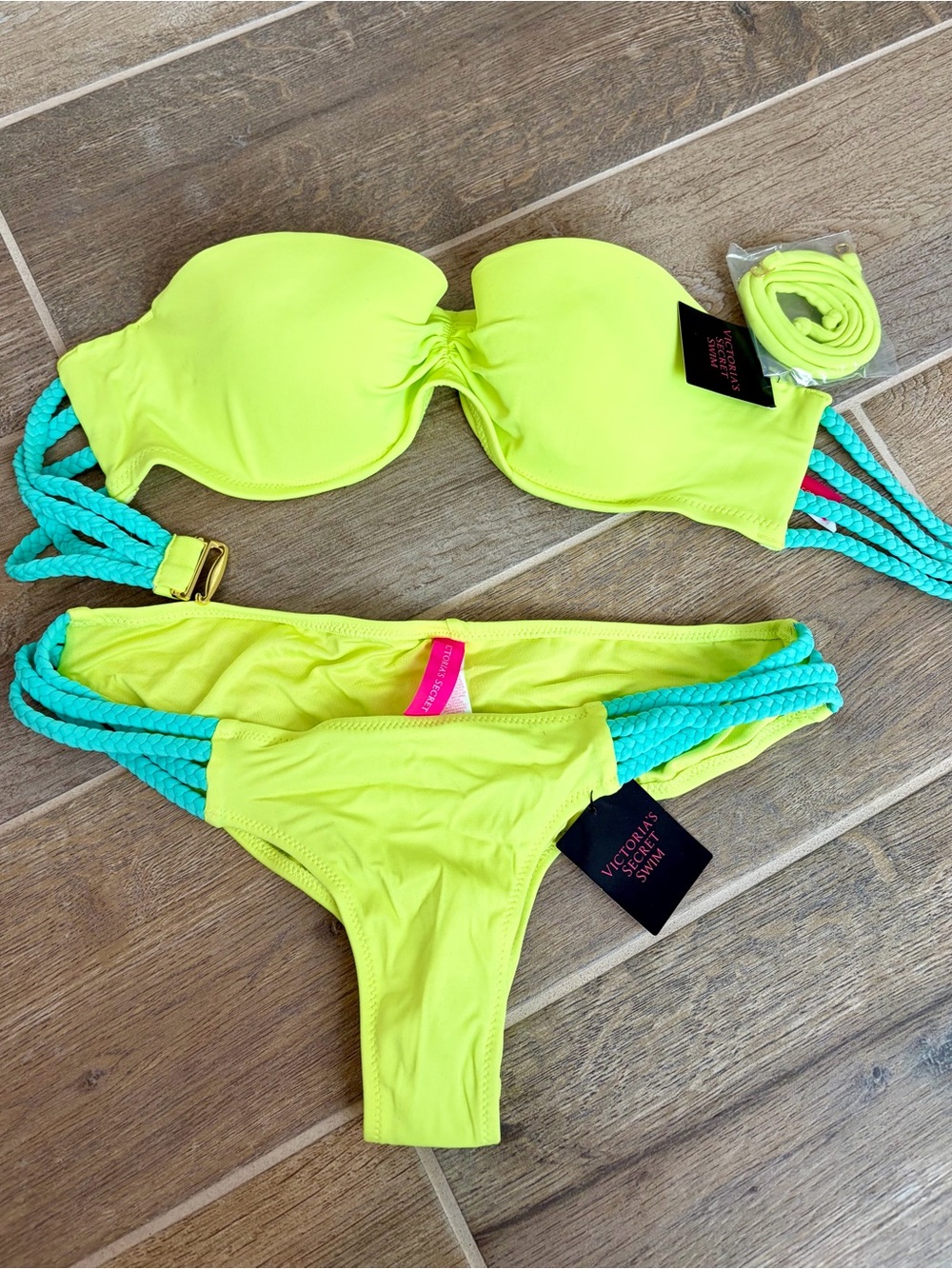 Victoria's Secret Neon Yellow Bikini with Turquoise Braided Straps